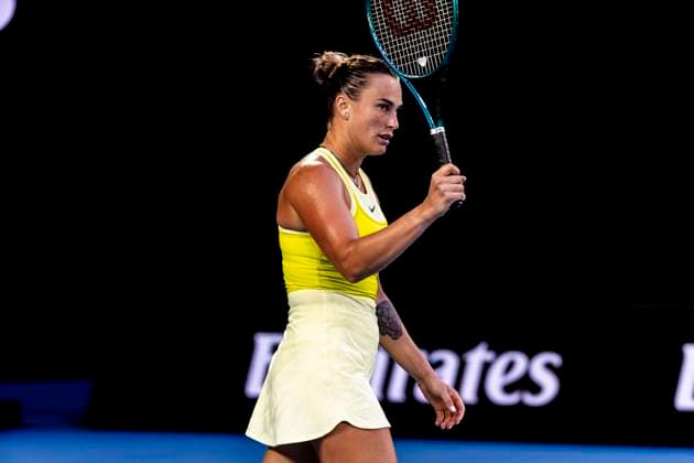 MELBOURNE, VIC - JANUARY 12: Aryna Sabalenka of Belarus in action during Round 1 of the 2025 Australian Open on January 12 2025, at Melbourne Park in Melbourne, Australia. (Photo by Jason Heidrich Icon Sportswire) TENNIS: JAN 12 Australian Open EDITORIAL USE ONLY Icon250112229