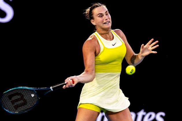 MELBOURNE, VIC - JANUARY 12: Aryna Sabalenka of Belarus in action during Round 1 of the 2025 Australian Open on January 12 2025, at Melbourne Park in Melbourne, Australia. (Photo by Jason Heidrich Icon Sportswire) TENNIS: JAN 12 Australian Open EDITORIAL USE ONLY Icon250112230