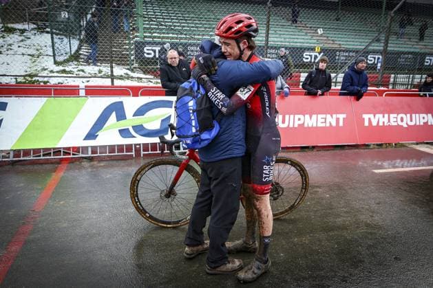 Belgian Emiel Osaer looks dejected after the men U17, U 17 (second year) race of the Belgian Cyclocross Championships (11-12 01) on Sunday 12 January 2025 in Heusden-Zolder. DAVIDxPINTENS  x110235679x
