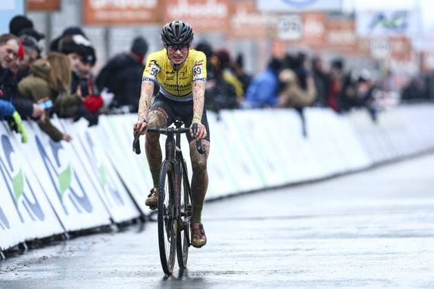 Belgian Bas vanden Eynde pictured in action during the men U17, U 17 (second year) race of the Belgian Cyclocross Championships (11-12 01) on Sunday 12 January 2025 in Heusden-Zolder. DAVIDxPINTENS  x110235965x