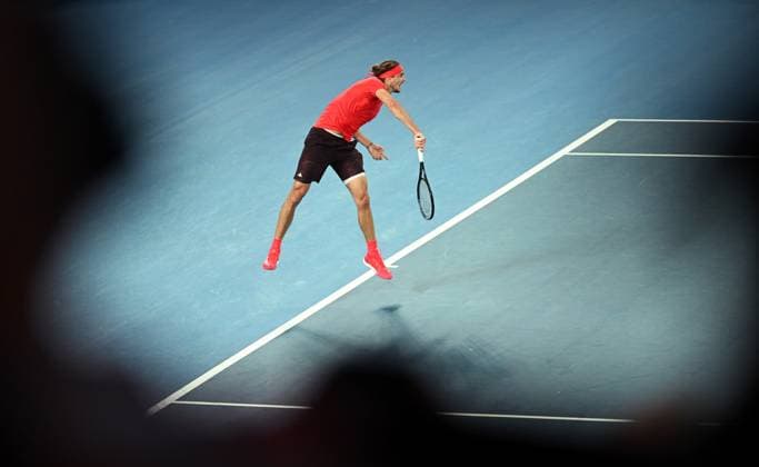 TENNIS AUSTRALIAN OPEN, Alexander Zverev of Germany serves during his round 1 match against Lucas Pouille of France during the 2025 Australian Open at Melbourne Park in Melbourne, Sunday, January 12, 2025. ( NO ARCHIVING, EDITORIAL USE ONLY, NO USE IN BOOKS WITHOUT CONSENT MELBOURNE VICTORIA AUSTRALIA  Copyright: xLUKASxCOCHx 20250112115616984700