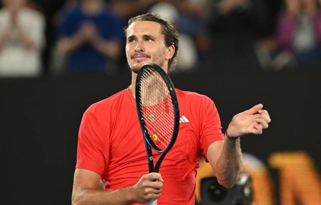 TENNIS AUSTRALIAN OPEN, Alexander Zverev of Germany celebrates after winning his round 1 match against Lucas Pouille of France during the 2025 Australian Open at Melbourne Park in Melbourne, Sunday, January 12, 2025. ( NO ARCHIVING, EDITORIAL USE ONLY, NO USE IN BOOKS WITHOUT CONSENT MELBOURNE VICTORIA AUSTRALIA  Copyright: xLUKASxCOCHx 20250112158060793343