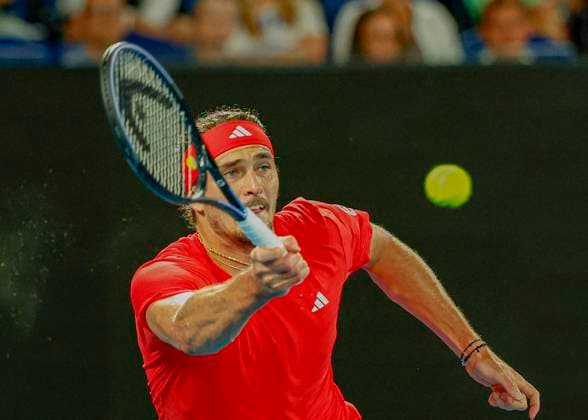 (250112) -- MELBOURNE, Jan. 12, 2025 -- Alexander Zverev hits a return during the men s singles first round match between Alexander Zverev of Germany and Lucas Pouille of France at Australian Open tennis tournament in Melbourne, Australia, Jan. 12, 2025. (Photo by Chu Chen Xinhua) (SP)AUSTRALIA-MELBOURNE-TENNIS-AUSTRALIAN OPEN-DAY 1 ZhangxJianhua 
