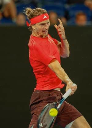 (250112) -- MELBOURNE, Jan. 12, 2025 -- Alexander Zverev hits a return during the men s singles first round match between Alexander Zverev of Germany and Lucas Pouille of France at Australian Open tennis tournament in Melbourne, Australia, Jan. 12, 2025. (Photo by Chu Chen Xinhua) (SP)AUSTRALIA-MELBOURNE-TENNIS-AUSTRALIAN OPEN-DAY 1 ZhangxJianhua 