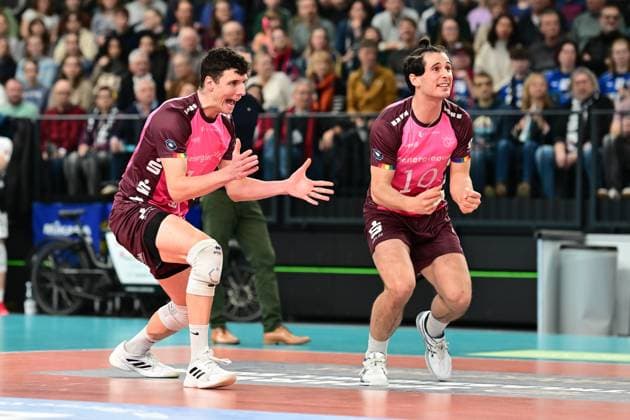 Volleyball I Men I Season 2024 2025 I Bundesliga I 16 Matchday I SVG Lüneburg Energiequelle Netzhoppers I 12 1 2025 An important point for Energiequelle Netzrollers KW Bestensee Cheers, excitement, enthusiasm, euphoria, joy, happiness, cheerfulness for Theo Timmermann 11, Energiequelle Netzhoppers KW Bestensee and Linus Jonas Engelmann 10, Energiequelle Netzhoppers KW Bestensee Lüneburg LKH Arena Niedersachsen Germany Copyright: xLobeca AndreasxHannigx