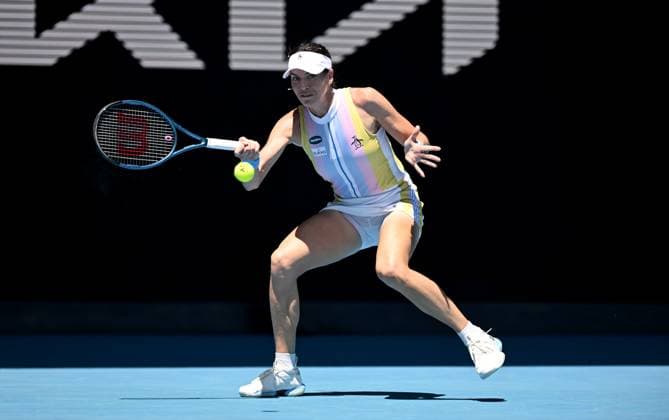TENNIS AUSTRALIAN OPEN, Ajla Tomljanovic of Australia returns during her round 1 match against Ashlyn Krueger of USA during the 2025 Australian Open at Melbourne Park in Melbourne, Monday, January 13, 2025. ( NO ARCHIVING, EDITORIAL USE ONLY, NO USE IN BOOKS WITHOUT CONSENT MELBOURNE VICTORIA AUSTRALIA  Copyright: xLUKASxCOCHx 20250113110426957667