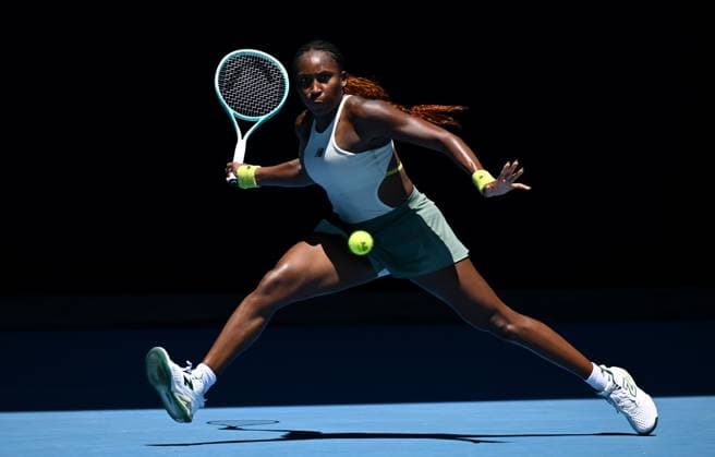 TENNIS AUSTRALIAN OPEN, Coco Gauff of USA in action during her round 1 match against Sofia Kenin of USA during the 2025 Australian Open at Melbourne Park in Melbourne, Monday, January 13, 2025. ( NO ARCHIVING, EDITORIAL USE ONLY, NO USE IN BOOKS WITHOUT CONSENT MELBOURNE VICTORIA AUSTRALIA  Copyright: xJOELxCARRETTx 20250113121367057845