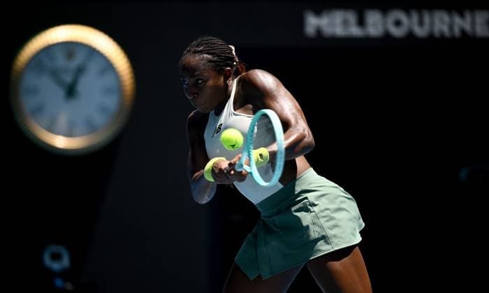 TENNIS AUSTRALIAN OPEN, Coco Gauff of USA in action during her round 1 match against Sofia Kenin of USA during the 2025 Australian Open at Melbourne Park in Melbourne, Monday, January 13, 2025. ( NO ARCHIVING, EDITORIAL USE ONLY, NO USE IN BOOKS WITHOUT CONSENT MELBOURNE VICTORIA AUSTRALIA  Copyright: xJOELxCARRETTx 20250113141251648520