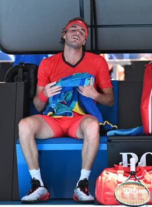 TENNIS AUSTRALIAN OPEN, Stefanos Tsitsipas of Greece reacts between games during his round 1 match against Alex Michelsen of USA during the 2025 Australian Open at Melbourne Park in Melbourne, Monday, January 13, 2025. ( NO ARCHIVING, EDITORIAL USE ONLY, NO USE IN BOOKS WITHOUT CONSENT MELBOURNE VICTORIA AUSTRALIA  Copyright: xJAMESxROSSx 20250113168620676949