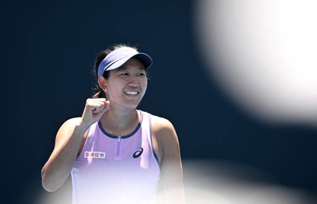 TENNIS AUSTRALIAN OPEN, Moyuka Uchijima of Japan reacts after winning her round 1 match against Magda Linette of Poland during the 2025 Australian Open at Melbourne Park in Melbourne, Monday, January 13, 2025. ( NO ARCHIVING, EDITORIAL USE ONLY, NO USE IN BOOKS WITHOUT CONSENT MELBOURNE VICTORIA AUSTRALIA  Copyright: xLUKASxCOCHx 20250113122969124253