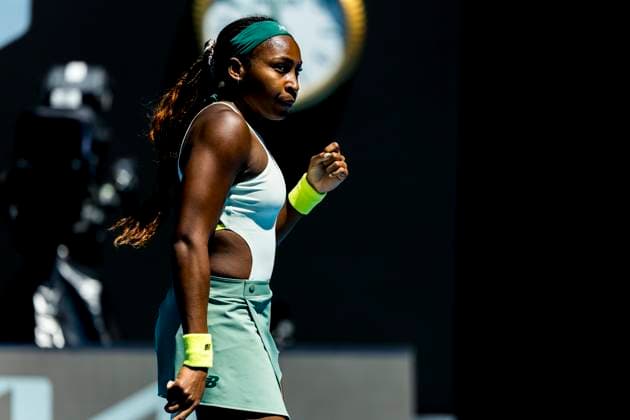 MELBOURNE, VIC - JANUARY 13: Coco Gauff of the Unites States of America celebrates during Round 1 of the 2025 Australian Open on January 13 2025, at Melbourne Park in Melbourne, Australia. (Photo by Jason Heidrich Icon Sportswire) TENNIS: JAN 13 Australian Open EDITORIAL USE ONLY Icon250113009
