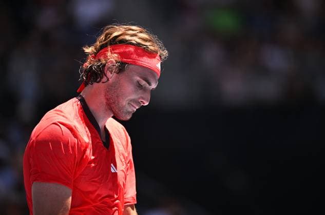 TENNIS AUSTRALIAN OPEN, Stefanos Tsitsipas of Greece dejects during his round 1 loss to Alex Michelsen of USA during the 2025 Australian Open at Melbourne Park in Melbourne, Monday, January 13, 2025. ( NO ARCHIVING, EDITORIAL USE ONLY, NO USE IN BOOKS WITHOUT CONSENT MELBOURNE VICTORIA AUSTRALIA  Copyright: xJAMESxROSSx 20250113121412209275