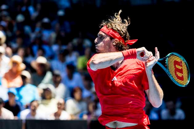 MELBOURNE, VIC - JANUARY 13: Stefanos Tsitsipas of Greece in action during Round 1 of the 2025 Australian Open on January 13 2025, at Melbourne Park in Melbourne, Australia. (Photo by Jason Heidrich Icon Sportswire) TENNIS: JAN 13 Australian Open EDITORIAL USE ONLY Icon250113092