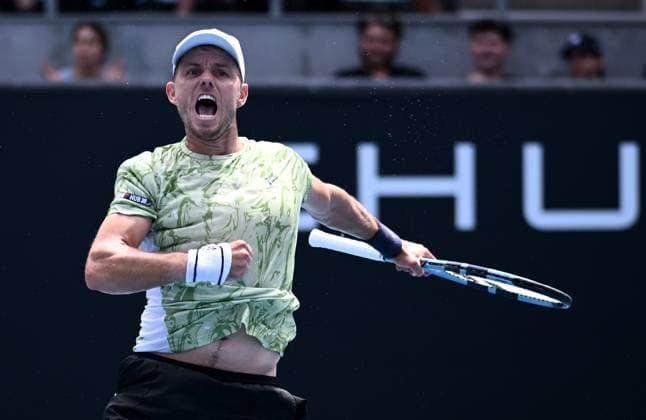 TENNIS AUSTRALIAN OPEN, James Duckworth of Australia reacts after winning the 2nd set during his round 1 match against Dominic Stricker of Switzerland during the 2025 Australian Open at Melbourne Park in Melbourne, Monday, January 13, 2025. ( NO ARCHIVING, EDITORIAL USE ONLY, NO USE IN BOOKS WITHOUT CONSENT MELBOURNE VICTORIA AUSTRALIA  Copyright: xJOELxCARRETTx 20250113194863260621