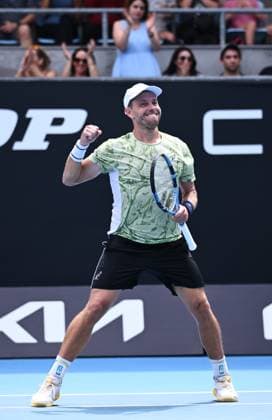 TENNIS AUSTRALIAN OPEN, James Duckworth of Australia reacts after winning his round 1 match against Dominic Stricker of Switzerland during the 2025 Australian Open at Melbourne Park in Melbourne, Monday, January 13, 2025. ( NO ARCHIVING, EDITORIAL USE ONLY, NO USE IN BOOKS WITHOUT CONSENT MELBOURNE VICTORIA AUSTRALIA  Copyright: xJOELxCARRETTx 20250113123613302922