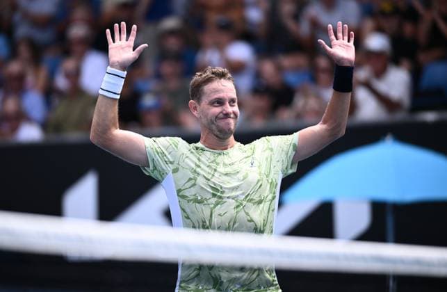 TENNIS AUSTRALIAN OPEN, James Duckworth of Australia reacts after winning his round 1 match against Dominic Stricker of Switzerland during the 2025 Australian Open at Melbourne Park in Melbourne, Monday, January 13, 2025. ( NO ARCHIVING, EDITORIAL USE ONLY, NO USE IN BOOKS WITHOUT CONSENT MELBOURNE VICTORIA AUSTRALIA  Copyright: xJOELxCARRETTx 20250113130373035482