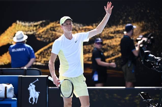 TENNIS AUSTRALIAN OPEN, Jannik Sinner of Italy reacts after winning his round 1 match against Nicolas Jarry of Chile during the 2025 Australian Open at Melbourne Park in Melbourne, Monday, January 13, 2025. ( NO ARCHIVING, EDITORIAL USE ONLY, NO USE IN BOOKS WITHOUT CONSENT MELBOURNE VICTORIA AUSTRALIA  Copyright: xJOELxCARRETTx 20250113172700718877