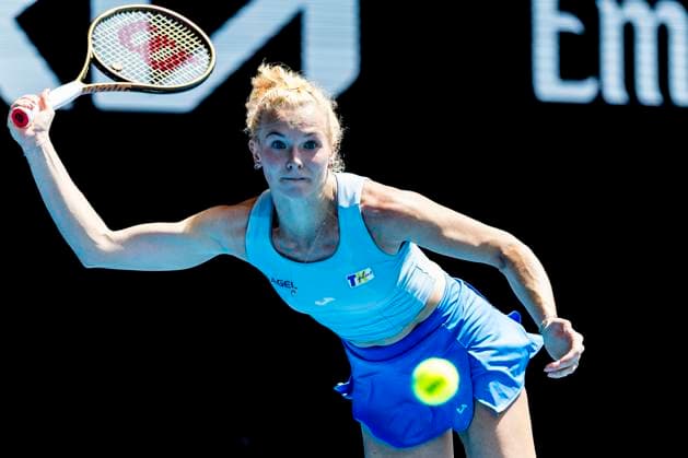 MELBOURNE, VIC - JANUARY 13: Katerina Siniakov of Czechia in action during Round 1 of the 2025 Australian Open on January 13 2025, at Melbourne Park in Melbourne, Australia. (Photo by Jason Heidrich Icon Sportswire) TENNIS: JAN 13 Australian Open EDITORIAL USE ONLY Icon250113120