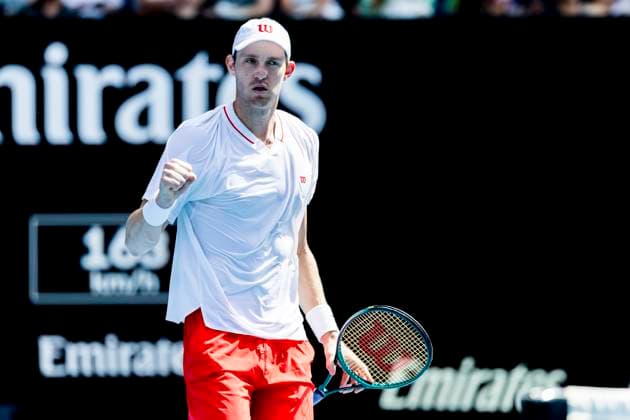 MELBOURNE, VIC - JANUARY 13: Nicolas Jarry of Chile celebrates during Round 1 of the 2025 Australian Open on January 13 2025, at Melbourne Park in Melbourne, Australia. (Photo by Jason Heidrich Icon Sportswire) TENNIS: JAN 13 Australian Open EDITORIAL USE ONLY Icon250113157