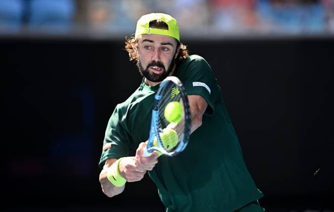 TENNIS AUSTRALIAN OPEN, Jordan Thompson of Australia in action during his round 1 match against Dominik Koepfer of Germany during the 2025 Australian Open at Melbourne Park in Melbourne, Monday, January 13, 2025. ( NO ARCHIVING, EDITORIAL USE ONLY, NO USE IN BOOKS WITHOUT CONSENT MELBOURNE VICTORIA AUSTRALIA  Copyright: xLUKASxCOCHx 20250113179801263576