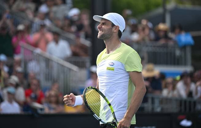 TENNIS AUSTRALIAN OPEN, Aleksandar Vukic of Australia celebrates winning his round 1 match against Damir Dzumhur of Bosnia during the 2025 Australian Open at Melbourne Park in Melbourne, Monday, January 13, 2025. ( NO ARCHIVING, EDITORIAL USE ONLY, NO USE IN BOOKS WITHOUT CONSENT MELBOURNE VICTORIA AUSTRALIA  Copyright: xLUKASxCOCHx 20250113124646920749