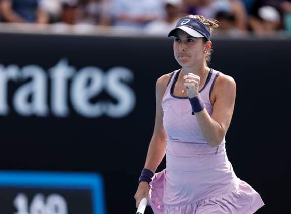 (250113) -- MELBOURNE, Jan. 13, 2025 -- Belinda Bencic celebrates scoring during the women s singles first round match between Belinda Bencic of Switzerland and Jelena Ostapenko of Latvia at Australian Open tennis tournament in Melbourne, Australia, Jan. 13, 2025. ) (SP)AUSTRALIA-MELBOURNE-TENNIS-AUSTRALIAN OPEN-DAY 2 MaxPing 