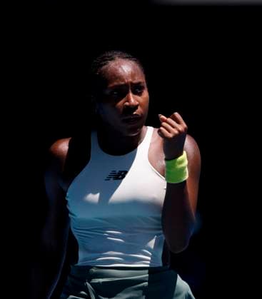 (250113) -- MELBOURNE, Jan. 13, 2025 -- Coco Gauff celebrates scoring during the women s singles first round match between Coco Gauff and Sofia Kenin of the United States at Australian Open tennis tournament in Melbourne, Australia, Jan. 13, 2025. ) (SP)AUSTRALIA-MELBOURNE-TENNIS-AUSTRALIAN OPEN-DAY 2 MaxPing 