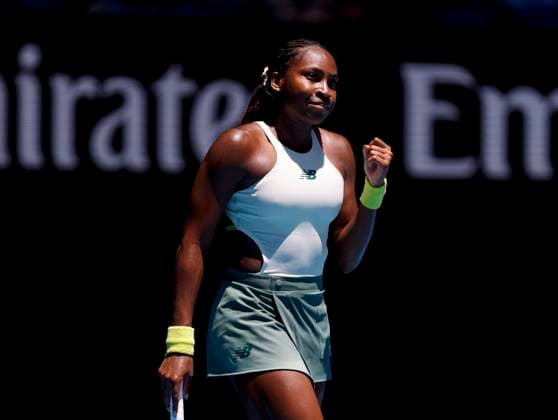 (250113) -- MELBOURNE, Jan. 13, 2025 -- Coco Gauff celebrates winning the women s singles first round match between Coco Gauff and Sofia Kenin of the United States at Australian Open tennis tournament in Melbourne, Australia, Jan. 13, 2025. ) (SP)AUSTRALIA-MELBOURNE-TENNIS-AUSTRALIAN OPEN-DAY 2 MaxPing 