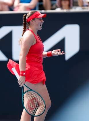 (250113) -- MELBOURNE, Jan. 13, 2025 -- Jelena Ostapenko reacts during the women s singles first round match between Belinda Bencic of Switzerland and Jelena Ostapenko of Latvia at Australian Open tennis tournament in Melbourne, Australia, Jan. 13, 2025. ) (SP)AUSTRALIA-MELBOURNE-TENNIS-AUSTRALIAN OPEN-DAY 2 MaxPing 