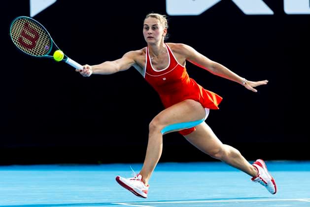 MELBOURNE, VIC - JANUARY 13: Marta Kostyuk of Ukraine in action during Round 1 of the 2025 Australian Open on January 13 2025, at Melbourne Park in Melbourne, Australia. (Photo by Jason Heidrich Icon Sportswire) TENNIS: JAN 13 Australian Open EDITORIAL USE ONLY Icon250113188