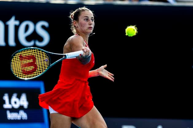 MELBOURNE, VIC - JANUARY 13: Marta Kostyuk of Ukraine in action during Round 1 of the 2025 Australian Open on January 13 2025, at Melbourne Park in Melbourne, Australia. (Photo by Jason Heidrich Icon Sportswire) TENNIS: JAN 13 Australian Open EDITORIAL USE ONLY Icon250113191