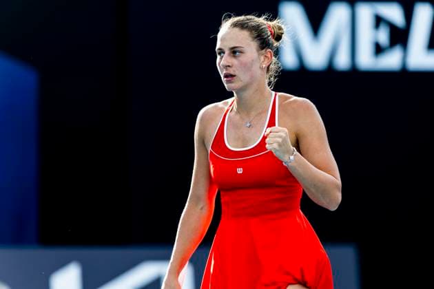 MELBOURNE, VIC - JANUARY 13: Marta Kostyuk of Ukraine celebrates during Round 1 of the 2025 Australian Open on January 13 2025, at Melbourne Park in Melbourne, Australia. (Photo by Jason Heidrich Icon Sportswire) TENNIS: JAN 13 Australian Open EDITORIAL USE ONLY Icon250113193
