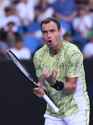TENNIS AUSTRALIAN OPEN, Roman Safiullin of Russia reacts during his round 1 match against Thanasi Kokkinakis of Australia during the 2025 Australian Open at Melbourne Park in Melbourne, Monday, January 13, 2025. ( NO ARCHIVING, EDITORIAL USE ONLY, NO USE IN BOOKS WITHOUT CONSENT MELBOURNE VICTORIA AUSTRALIA  Copyright: xJOELxCARRETTx 20250113149382113718