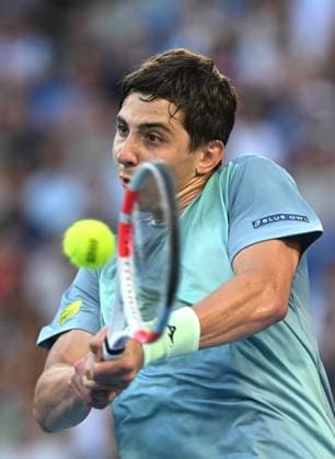 TENNIS AUSTRALIAN OPEN, Alexander Shevchenko of Kazakhstan returns during his round 1 match against Carlos Alcaraz of Spain during the 2025 Australian Open at Melbourne Park in Melbourne, Monday, January 13, 2025. ( NO ARCHIVING, EDITORIAL USE ONLY, NO USE IN BOOKS WITHOUT CONSENT MELBOURNE VICTORIA AUSTRALIA  Copyright: xLUKASxCOCHx 20250113164854867076