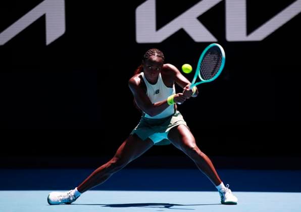 (250113) -- MELBOURNE, Jan. 13, 2025 -- Coco Gauff hits a return during the women s singles first round match between Coco Gauff and Sofia Kenin of the United States at Australian Open tennis tournament in Melbourne, Australia, Jan. 13, 2025. ) (SP)AUSTRALIA-MELBOURNE-TENNIS-AUSTRALIAN OPEN-DAY 2 MaxPing 