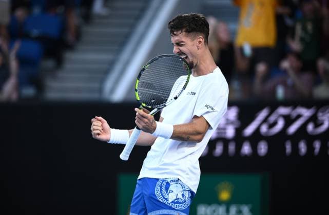 TENNIS AUSTRALIAN OPEN, Australian Thanasi Kokkinakis reacts after winning his round 1 match against Roman Safiullin of Russia during the 2025 Australian Open at Melbourne Park in Melbourne, Monday, January 13, 2025. ( NO ARCHIVING, EDITORIAL USE ONLY, NO USE IN BOOKS WITHOUT CONSENT MELBOURNE VICTORIA AUSTRALIA  Copyright: xJOELxCARRETTx 20250113123934202710