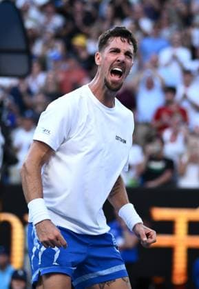 TENNIS AUSTRALIAN OPEN, Australian Thanasi Kokkinakis reacts after winning his round 1 match against Roman Safiullin of Russia during the 2025 Australian Open at Melbourne Park in Melbourne, Monday, January 13, 2025. ( NO ARCHIVING, EDITORIAL USE ONLY, NO USE IN BOOKS WITHOUT CONSENT MELBOURNE VICTORIA AUSTRALIA  Copyright: xJOELxCARRETTx 20250113141922952936