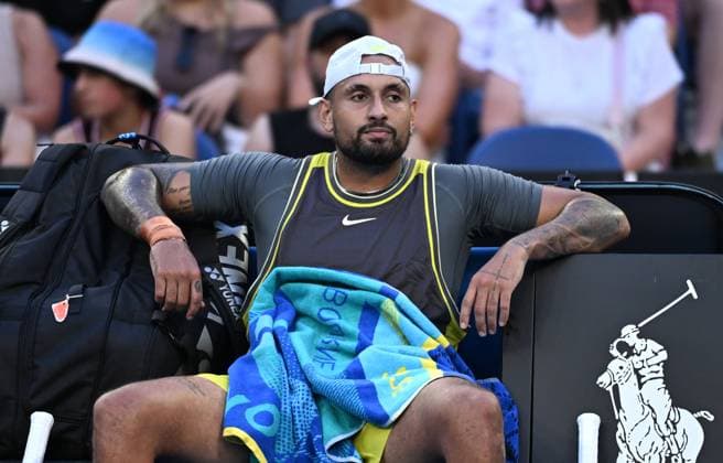 TENNIS AUSTRALIAN OPEN, Nick Kyrgios of Australia looks on between games during his round 1 match against Jacob Fearnley of Great Britain during the 2025 Australian Open at Melbourne Park in Melbourne, Monday, January 13, 2025. ( NO ARCHIVING, EDITORIAL USE ONLY, NO USE IN BOOKS WITHOUT CONSENT MELBOURNE VICTORIA AUSTRALIA  Copyright: xJAMESxROSSx 20250113195094249503