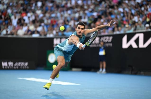 TENNIS AUSTRALIAN OPEN, Carlos Alcaraz of Spain in action during his round 1 match against Alexander Shevchenko of Kazakhstan during the 2025 Australian Open at Melbourne Park in Melbourne, Monday, January 13, 2025. ( NO ARCHIVING, EDITORIAL USE ONLY, NO USE IN BOOKS WITHOUT CONSENT MELBOURNE VICTORIA AUSTRALIA  Copyright: xLUKASxCOCHx 20250113113619711250