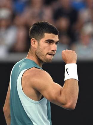 TENNIS AUSTRALIAN OPEN, Carlos Alcaraz of Spain reacts during his round 1 match against Alexander Shevchenko of Kazakhstan during the 2025 Australian Open at Melbourne Park in Melbourne, Monday, January 13, 2025. ( NO ARCHIVING, EDITORIAL USE ONLY, NO USE IN BOOKS WITHOUT CONSENT MELBOURNE VICTORIA AUSTRALIA  Copyright: xLUKASxCOCHx 20250113186486561695