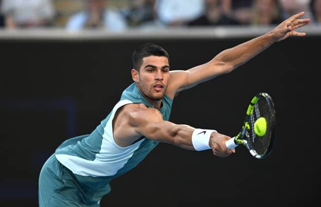 TENNIS AUSTRALIAN OPEN, Carlos Alcaraz of Spain in action during his round 1 match against Alexander Shevchenko of Kazakhstan during the 2025 Australian Open at Melbourne Park in Melbourne, Monday, January 13, 2025. ( NO ARCHIVING, EDITORIAL USE ONLY, NO USE IN BOOKS WITHOUT CONSENT MELBOURNE VICTORIA AUSTRALIA  Copyright: xLUKASxCOCHx 20250113179697180320
