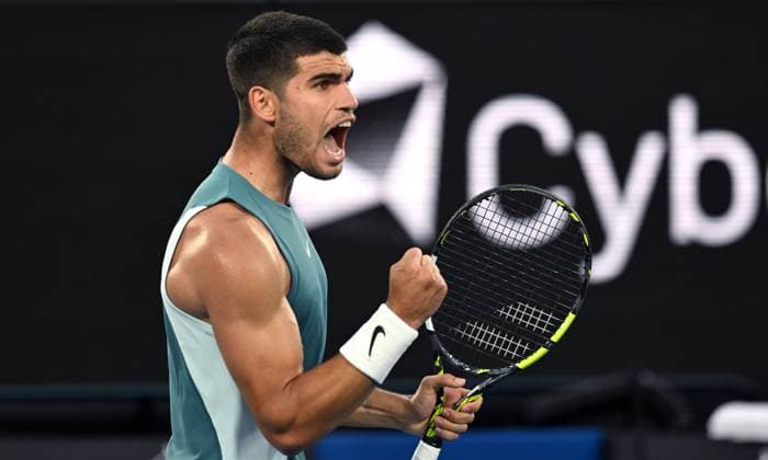 TENNIS AUSTRALIAN OPEN, Carlos Alcaraz of Spain in celebrates during his round 1 match against Alexander Shevchenko of Kazakhstan during the 2025 Australian Open at Melbourne Park in Melbourne, Monday, January 13, 2025. ( NO ARCHIVING, EDITORIAL USE ONLY, NO USE IN BOOKS WITHOUT CONSENT MELBOURNE VICTORIA AUSTRALIA  Copyright: xLUKASxCOCHx 20250113159746604856