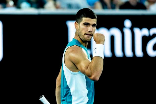 MELBOURNE, VIC - JANUARY 13: Carlos Alcaraz of Spain celebrates during Round 1 of the 2025 Australian Open on January 13 2025, at Melbourne Park in Melbourne, Australia. (Photo by Jason Heidrich Icon Sportswire) TENNIS: JAN 13 Australian Open EDITORIAL USE ONLY Icon250113209