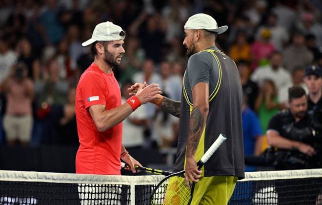 TENNIS AUSTRALIAN OPEN, Jacob Fearnley of Great Britain (left) shakes hands with Nick Kyrgios of Australia following their round 1 match during the 2025 Australian Open at Melbourne Park in Melbourne, Monday, January 13, 2025. ( NO ARCHIVING, EDITORIAL USE ONLY, NO USE IN BOOKS WITHOUT CONSENT MELBOURNE VICTORIA AUSTRALIA  Copyright: xJAMESxROSSx 20250113129181528821