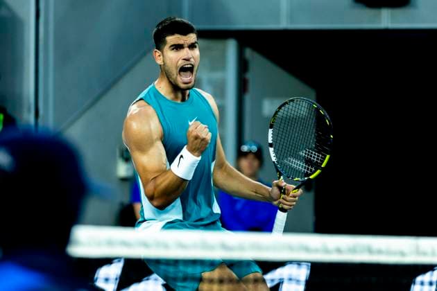 MELBOURNE, VIC - JANUARY 13: Carlos Alcaraz of Spain celebrates during Round 1 of the 2025 Australian Open on January 13 2025, at Melbourne Park in Melbourne, Australia. (Photo by Jason Heidrich Icon Sportswire) TENNIS: JAN 13 Australian Open EDITORIAL USE ONLY Icon250113213