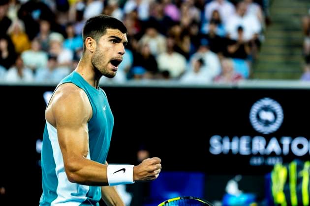 MELBOURNE, VIC - JANUARY 13: Carlos Alcaraz of Spain celebrates during Round 1 of the 2025 Australian Open on January 13 2025, at Melbourne Park in Melbourne, Australia. (Photo by Jason Heidrich Icon Sportswire) TENNIS: JAN 13 Australian Open EDITORIAL USE ONLY Icon250113219