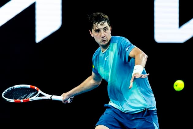 MELBOURNE, VIC - JANUARY 13: Alexander Shevchenko of Kazakhstan in action during Round 1 of the 2025 Australian Open on January 13 2025, at Melbourne Park in Melbourne, Australia. (Photo by Jason Heidrich Icon Sportswire) TENNIS: JAN 13 Australian Open EDITORIAL USE ONLY Icon250113227