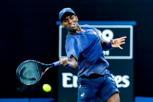 MELBOURNE, VIC - JANUARY 13: Nishesh Basavareddy of the United States of America in action during Round 1 of the 2025 Australian Open on January 13 2025, at Melbourne Park in Melbourne, Australia. (Photo by Jason Heidrich Icon Sportswire) TENNIS: JAN 13 Australian Open EDITORIAL USE ONLY Icon250113235