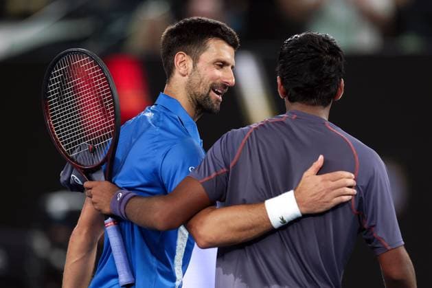 Novak Djokovic celebrates victory in his first round match against Nishesh Basavareddy Australian Open, Day Two, Tennis, Melbourne Park, Melbourne, Australia - 13 Jan 2025  Copyright: xEllaxLing Shutterstockx 15098219cc