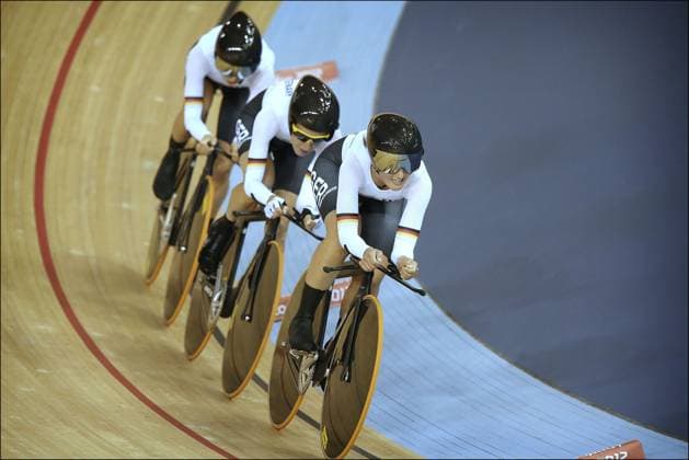 Track Olympic Games, Olympische Spiele, Olympia, OS 2012 in London III London - England - wielrennen - cycling - radsport - cyclisme - Judith Arndt - Charlotte Becker and Lisa Brennauer (GER) pictured during teampoursuite women track races elite men Olympic Games 2012 - Photo News *** local caption *** 00908026 London England  Copyright: xx 10378925-083